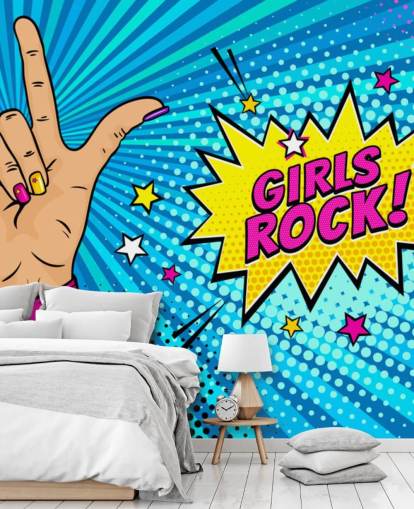 Mural de parede de arte pop com mão feminina com letreiro de rock n roll e balão de fala Girls Rock Mural de parede de arte pop com mão feminina com letreiro de rock n roll e balão de fala Girls Rock