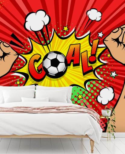 Mural de papel pintado con forma de burbuja de discurso con las manos levantadas y cerradas en puños para celebrar la victoria y el gol