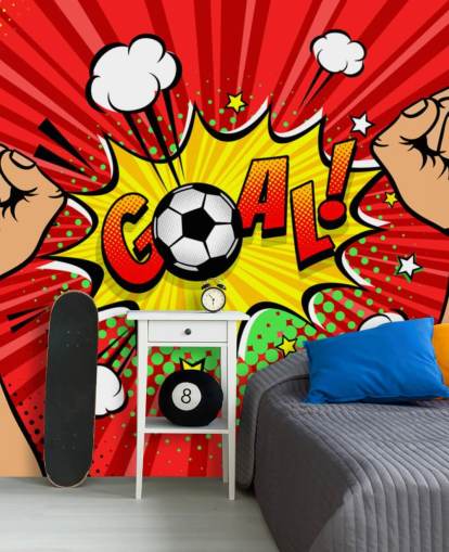 Carta da parati murale maschile di tifoso di calcio con le mani alzate e serrate a pugno per celebrare la vittoria e il gol con il discorso a bolle