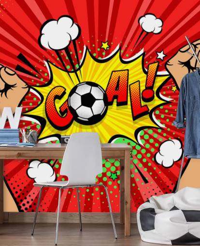 Carta da parati murale maschile di tifoso di calcio con le mani alzate e serrate a pugno per celebrare la vittoria e il gol con il discorso a bolle