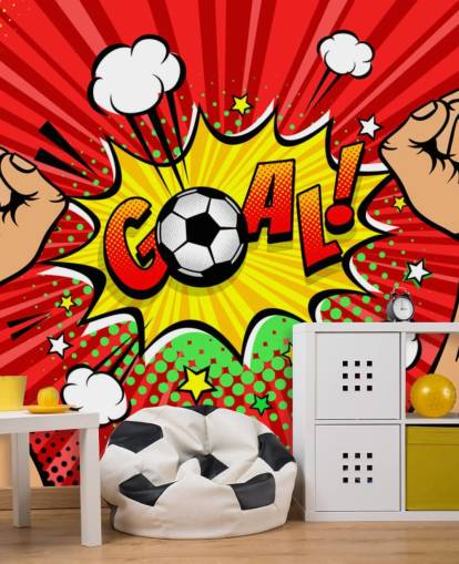 Football fan male hands raised up and clenched into fists celebrating win and Goal speech bubble wallpaper mural