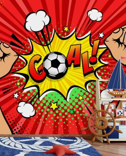 Football fan male hands raised up and clenched into fists celebrating win and Goal speech bubble wallpaper mural