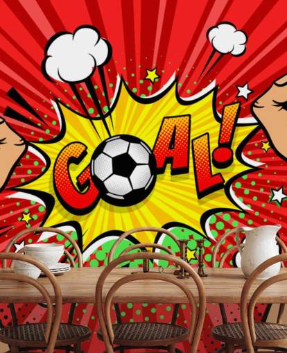 Football fan male hands raised up and clenched into fists celebrating win and Goal speech bubble wallpaper mural
