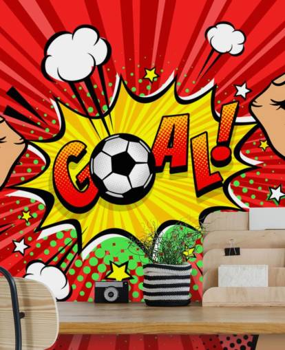 Carta da parati murale maschile di tifoso di calcio con le mani alzate e serrate a pugno per celebrare la vittoria e il gol con il discorso a bolle