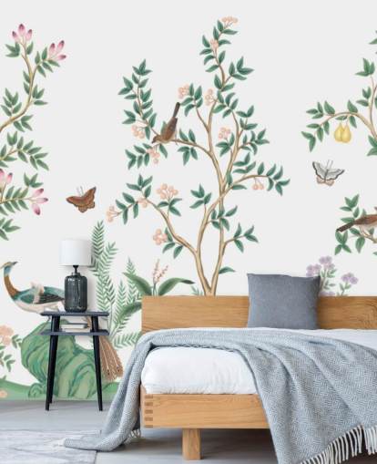 mural de papel de parede de chinoiserie branca chamado White Chinoiserie Bird Sanctuary para quartos e salas de estar mural de papel de parede de chinoiserie branca chamado White Chinoiserie Bird Sanctuary para quartos e salas de estar