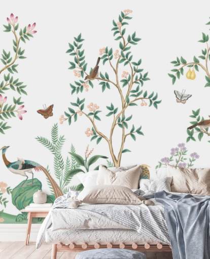 white chinoiserie wallpaper mural called White Chinoiserie Bird Sanctuary for bedrooms and living rooms white chinoiserie wallpaper mural called White Chinoiserie Bird Sanctuary for bedrooms and living rooms