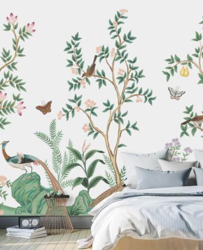 vit chinoiserie tapetväggmålning kallad White Chinoiserie Bird Sanctuary för sovrum och vardagsrum vit chinoiserie tapetväggmålning kallad White Chinoiserie Bird Sanctuary för sovrum och vardagsrum