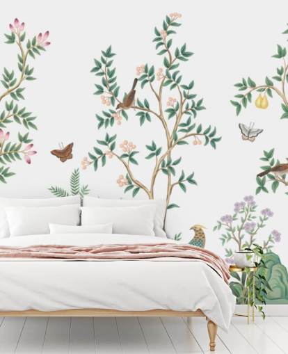 white chinoiserie wallpaper mural called White Chinoiserie Bird Sanctuary for bedrooms and living rooms