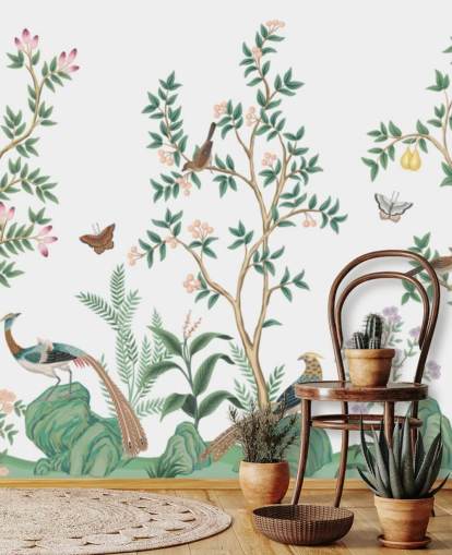 carta da parati murale bianca in cineserie chiamata White Chinoiserie Bird Sanctuary per camere da letto e salotti
