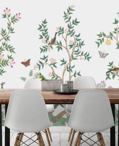 vit chinoiserie tapetväggmålning kallad White Chinoiserie Bird Sanctuary för sovrum och vardagsrum vit chinoiserie tapetväggmålning kallad White Chinoiserie Bird Sanctuary för sovrum och vardagsrum