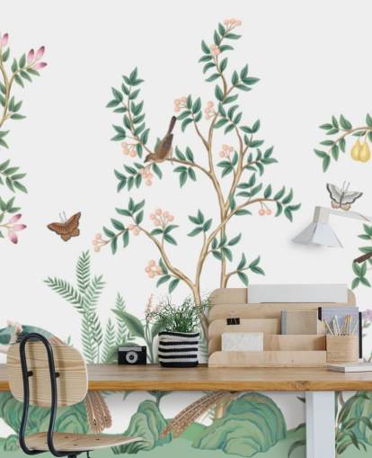 white chinoiserie wallpaper mural called White Chinoiserie Bird Sanctuary for bedrooms and living rooms