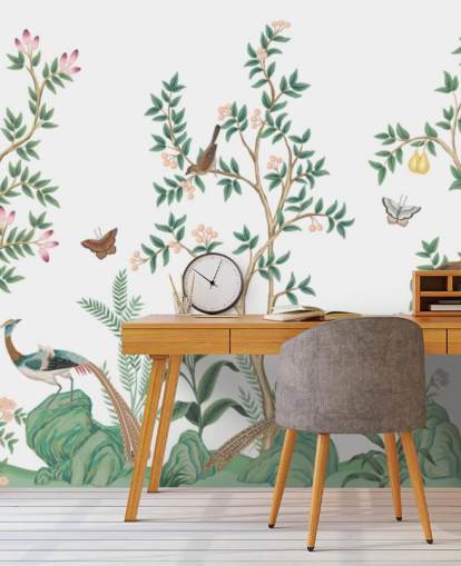 papier peint mural de chinoiserie blanche appelé White Chinoiserie Bird Sanctuary pour chambres et salons