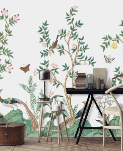 papier peint mural de chinoiserie blanche appelé White Chinoiserie Bird Sanctuary pour chambres et salons