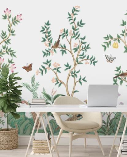 white chinoiserie wallpaper mural called White Chinoiserie Bird Sanctuary for bedrooms and living rooms