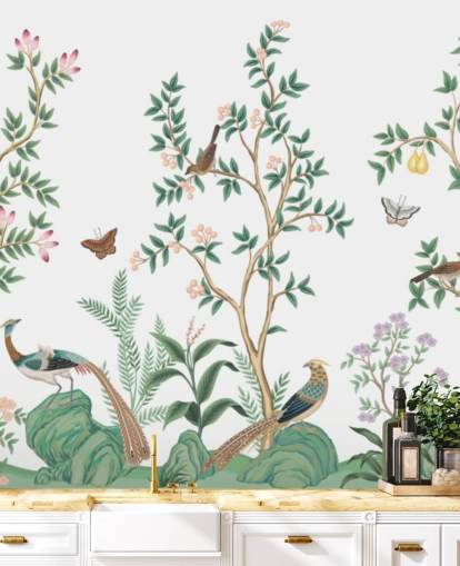 white chinoiserie wallpaper mural called White Chinoiserie Bird Sanctuary for bedrooms and living rooms