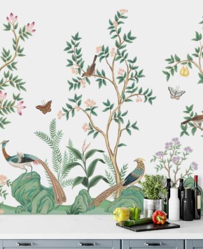 witte chinoiserie behangmuurschildering genaamd White Chinoiserie Bird Sanctuary voor slaapkamers en woonkamers witte chinoiserie behangmuurschildering genaamd White Chinoiserie Bird Sanctuary voor slaapkamers en woonkamers
