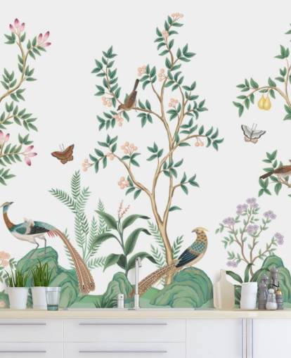 white chinoiserie wallpaper mural called White Chinoiserie Bird Sanctuary for bedrooms and living rooms