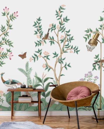 papier peint mural de chinoiserie blanche appelé White Chinoiserie Bird Sanctuary pour chambres et salons papier peint mural de chinoiserie blanche appelé White Chinoiserie Bird Sanctuary pour chambres et salons