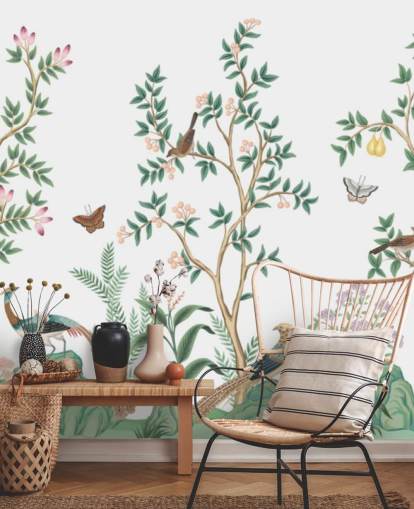 hvid chinoiserie tapet vægmaleri kaldet White Chinoiserie Bird Sanctuary til soveværelser og stuer hvid chinoiserie tapet vægmaleri kaldet White Chinoiserie Bird Sanctuary til soveværelser og stuer
