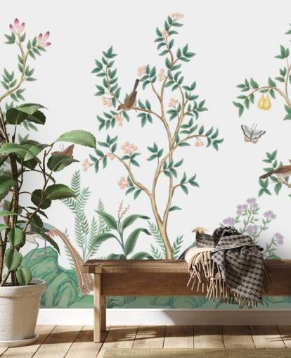 valkoinen chinoiserie-taustakuvamaalaus nimeltä White Chinoiserie Bird Sanctuary makuuhuoneisiin ja olohuoneisiin