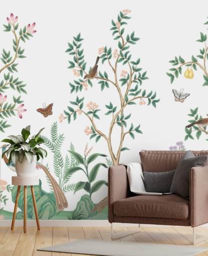 white chinoiserie wallpaper mural called White Chinoiserie Bird Sanctuary for bedrooms and living rooms