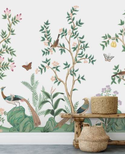 carta da parati murale bianca in cineserie chiamata White Chinoiserie Bird Sanctuary per camere da letto e salotti