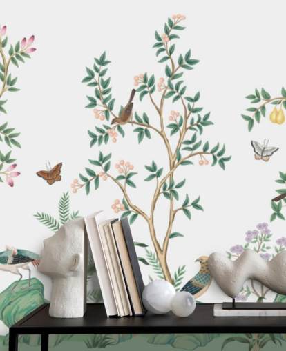 carta da parati murale bianca in cineserie chiamata White Chinoiserie Bird Sanctuary per camere da letto e salotti