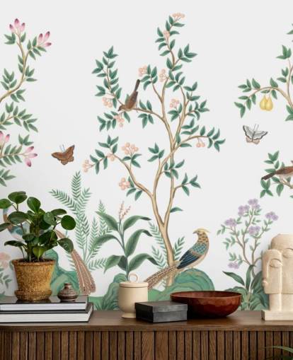 mural de papel de parede de chinoiserie branca chamado White Chinoiserie Bird Sanctuary para quartos e salas de estar