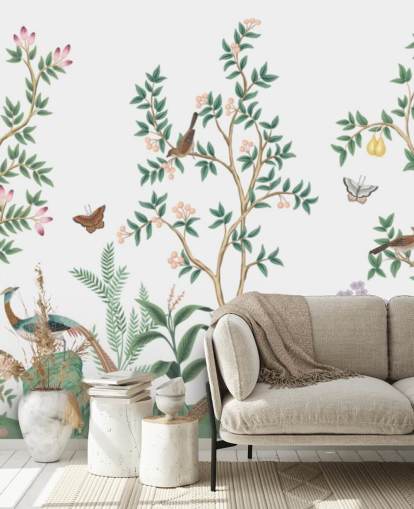 white chinoiserie wallpaper mural called White Chinoiserie Bird Sanctuary for bedrooms and living rooms white chinoiserie wallpaper mural called White Chinoiserie Bird Sanctuary for bedrooms and living rooms