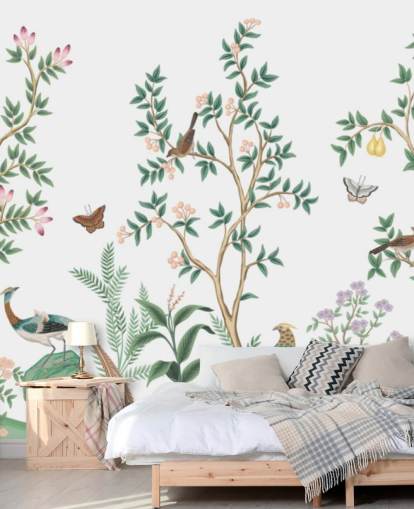 valkoinen chinoiserie-taustakuvamaalaus nimeltä White Chinoiserie Bird Sanctuary makuuhuoneisiin ja olohuoneisiin