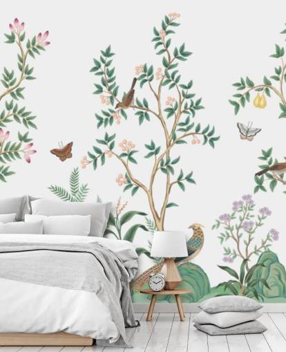 hvid chinoiserie tapet vægmaleri kaldet White Chinoiserie Bird Sanctuary til soveværelser og stuer