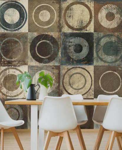 papel pintado círculo marrón, crema y gris