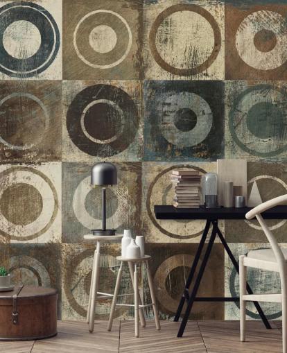 papel pintado círculo marrón, crema y gris