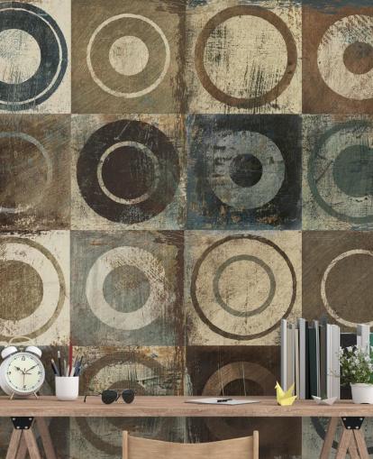 papel pintado círculo marrón, crema y gris