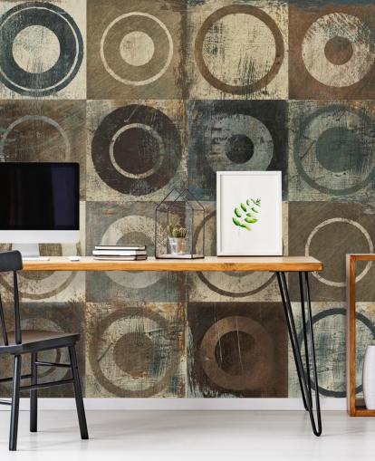 papel pintado círculo marrón, crema y gris