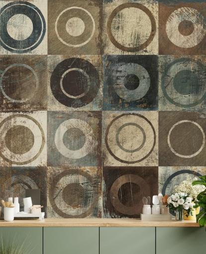 carta da parati artistica cerchio marrone, crema e grigio