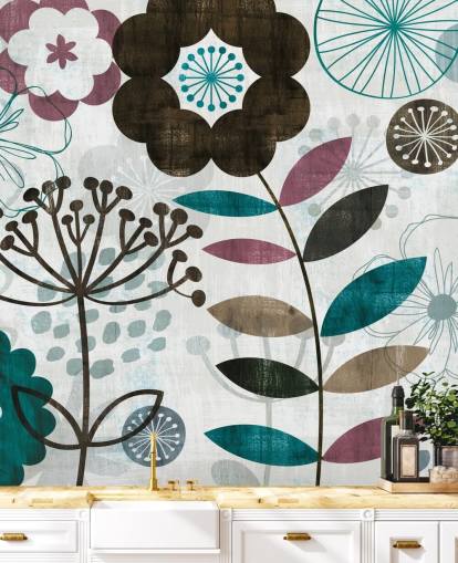 paarse en groene bloemtekeningen behang