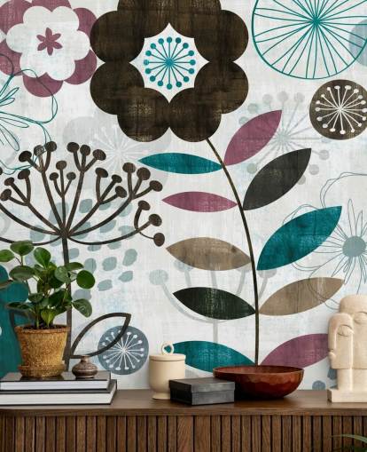 paarse en groene bloemtekeningen behang