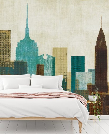 teal, cream and brown abstract city landscape wallpaper