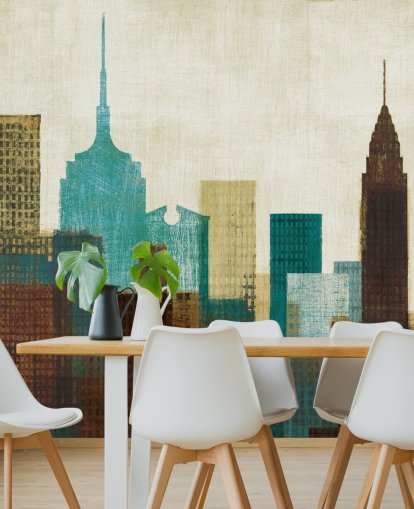 teal, cream and brown abstract city landscape wallpaper