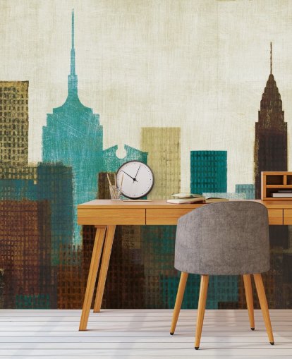teal, cream and brown abstract city landscape wallpaper
