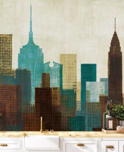 papel de parede da paisagem urbana abstrata cerceta, creme e marrom