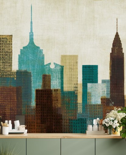 papel de parede da paisagem urbana abstrata cerceta, creme e marrom