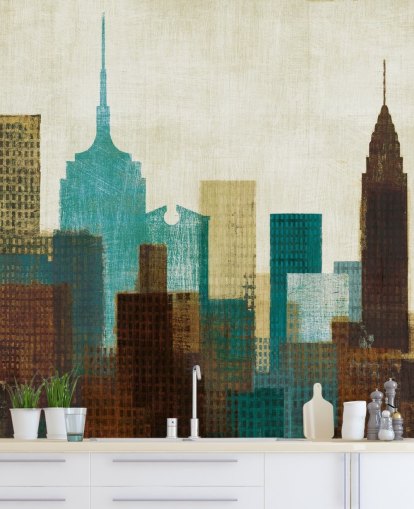 teal, cream and brown abstract city landscape wallpaper