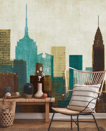 teal, cream and brown abstract city landscape wallpaper