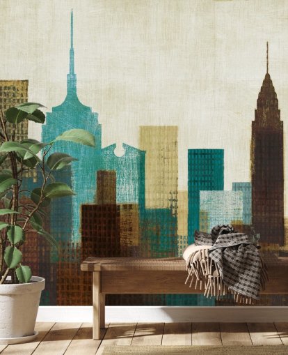 teal, cream and brown abstract city landscape wallpaper