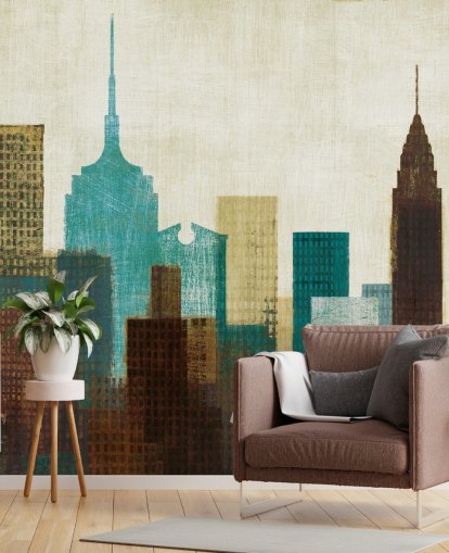 teal, cream and brown abstract city landscape wallpaper