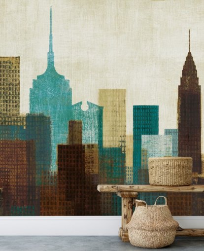 teal, cream and brown abstract city landscape wallpaper