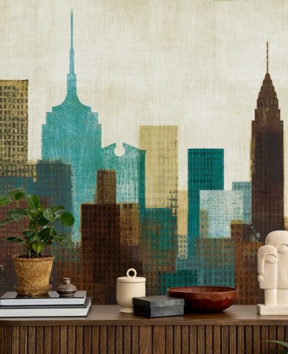 papel de parede da paisagem urbana abstrata cerceta, creme e marrom