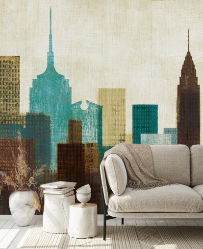 teal, grädde och brun abstrakt stadslandskap tapet